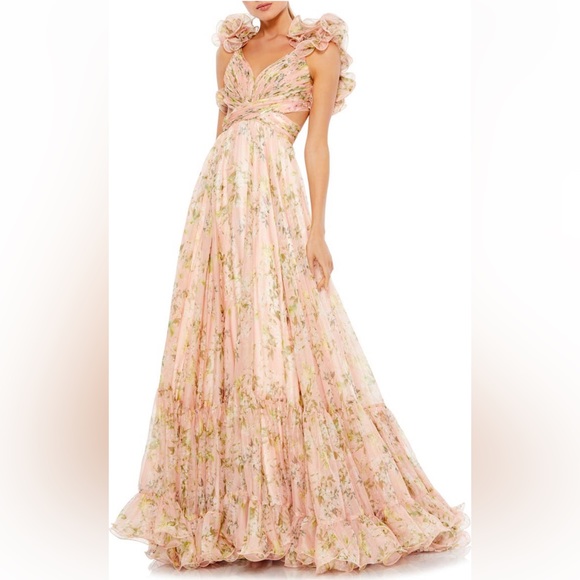Mac Duggal Floral Chiffon Cutout Ballgown - Pink Multi - Picture 2 of 3